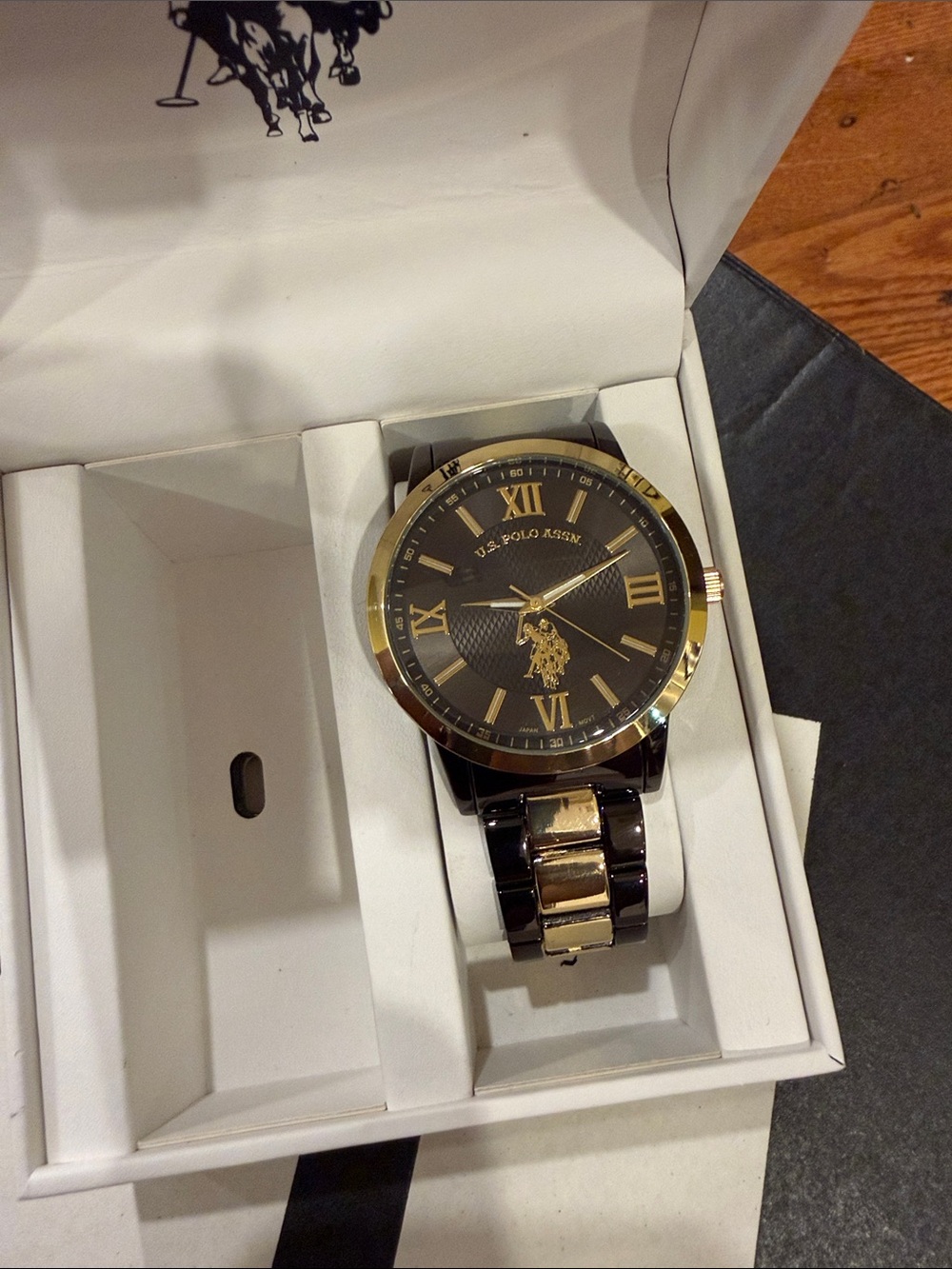 U.S. Polo Assn. Black and Gold Dress Watch with Two-Tone Bracelet